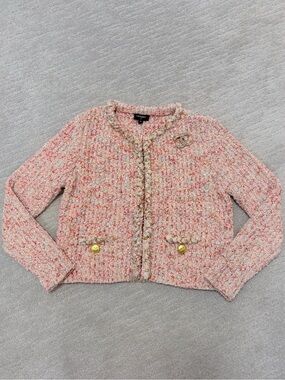 Chanel Pink Tweed Jacket with Gold Brooch Size S